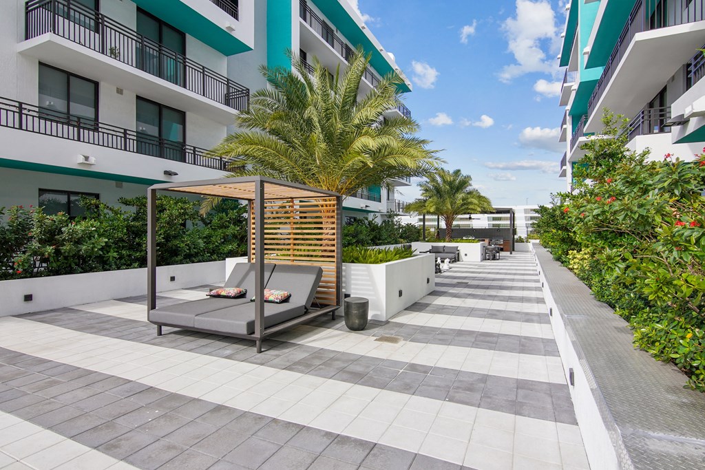 Cushioned lounge chair next to a palm tree in ou courtyard at Hollywood Heights on the Boulevard Luxury Apartments in Hollywood FL