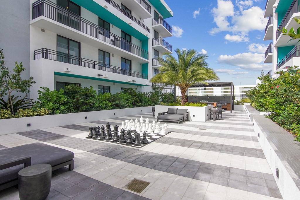 A giant chess set is set up on our courtyard at Hollywood Heights on the Boulevard Luxury Apartments in Hollywood, FL