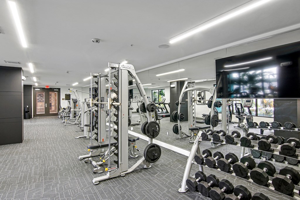 Our free weights section in our fitness center with a flatscreen TV on the right at Hollywood Heights on the Boulevard Luxury Apartments in Hollywood, FL