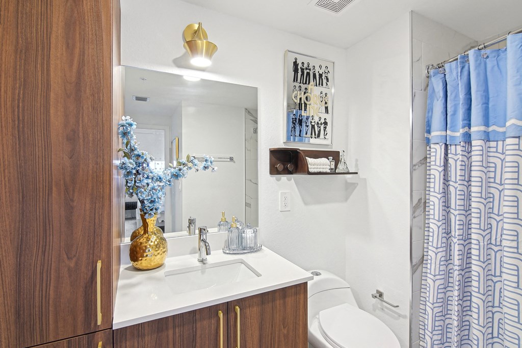 Bathroom with light blue and gold decorations facing a mirror at Hollywood Heights on the Boulevard Luxury Apartments in Hollywood, FL