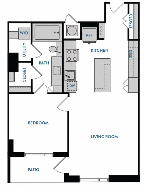 1 bed 1 bath A7 Floorplan,at The Hamilton, Dallas Texas