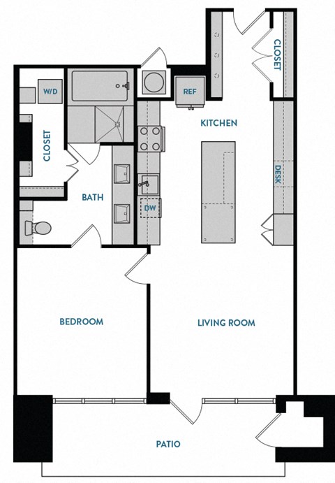 1 bed 1 bath A8 Floorplan,at The Hamilton, Dallas