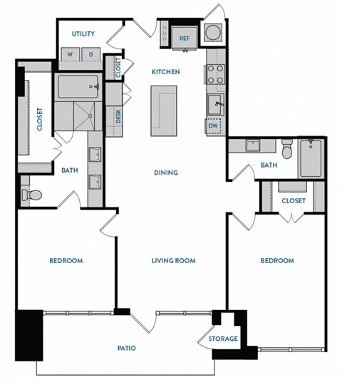 2 bed 2 bath B2 Floorplan ,at The Hamilton, Dallas, TX