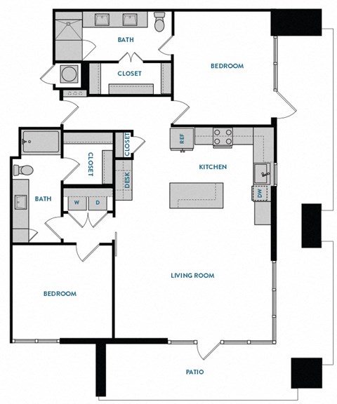 2 bed 2 bath B4 Floorplan ,at The Hamilton, Dallas Texas
