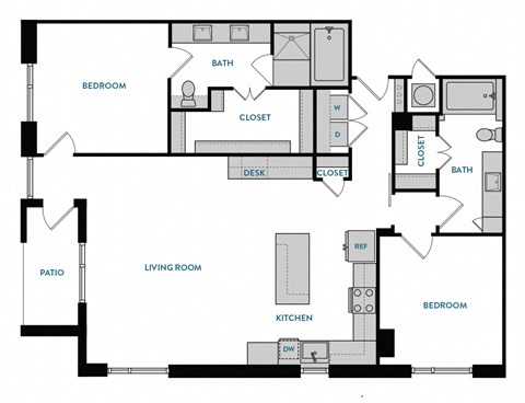 2 bed 2 bath B5 Floorplan,at The Hamilton, Dallas