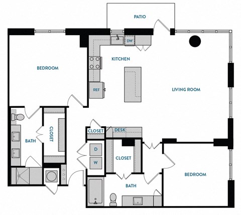 2 bed 2 bath B6 Floorplan,at The Hamilton, Texas