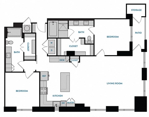 2 bed 2 bath B9 Floorplan ,at The Hamilton, Dallas, TX