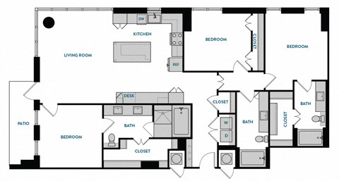 3 bed 2 bath C1 Floorplan,at The Hamilton, Dallas, 75226