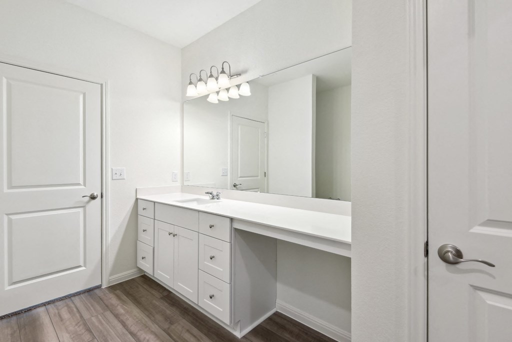a bathroom with a sink and a mirror