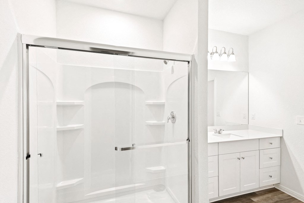 a bathroom with a shower and a sink