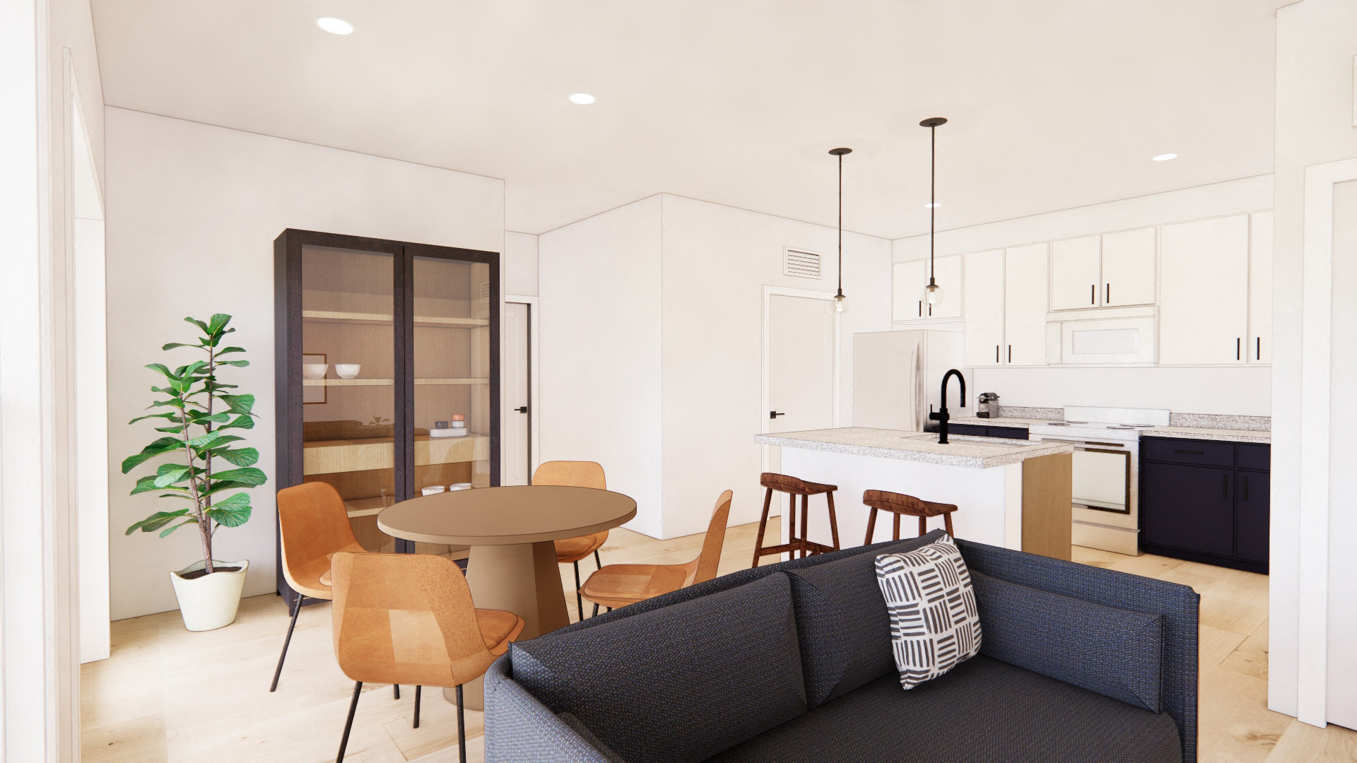 A modern living room with a grey sofa and wooden chairs.