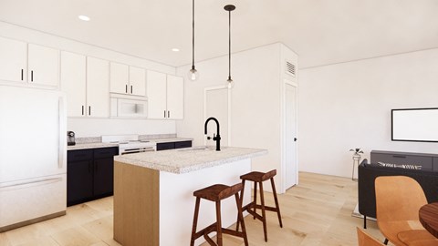 A kitchen with a white fridge, black cabinets, and a wooden island.