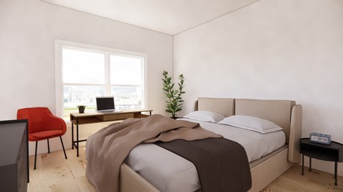 A bedroom with a bed, desk, chair, and plant.