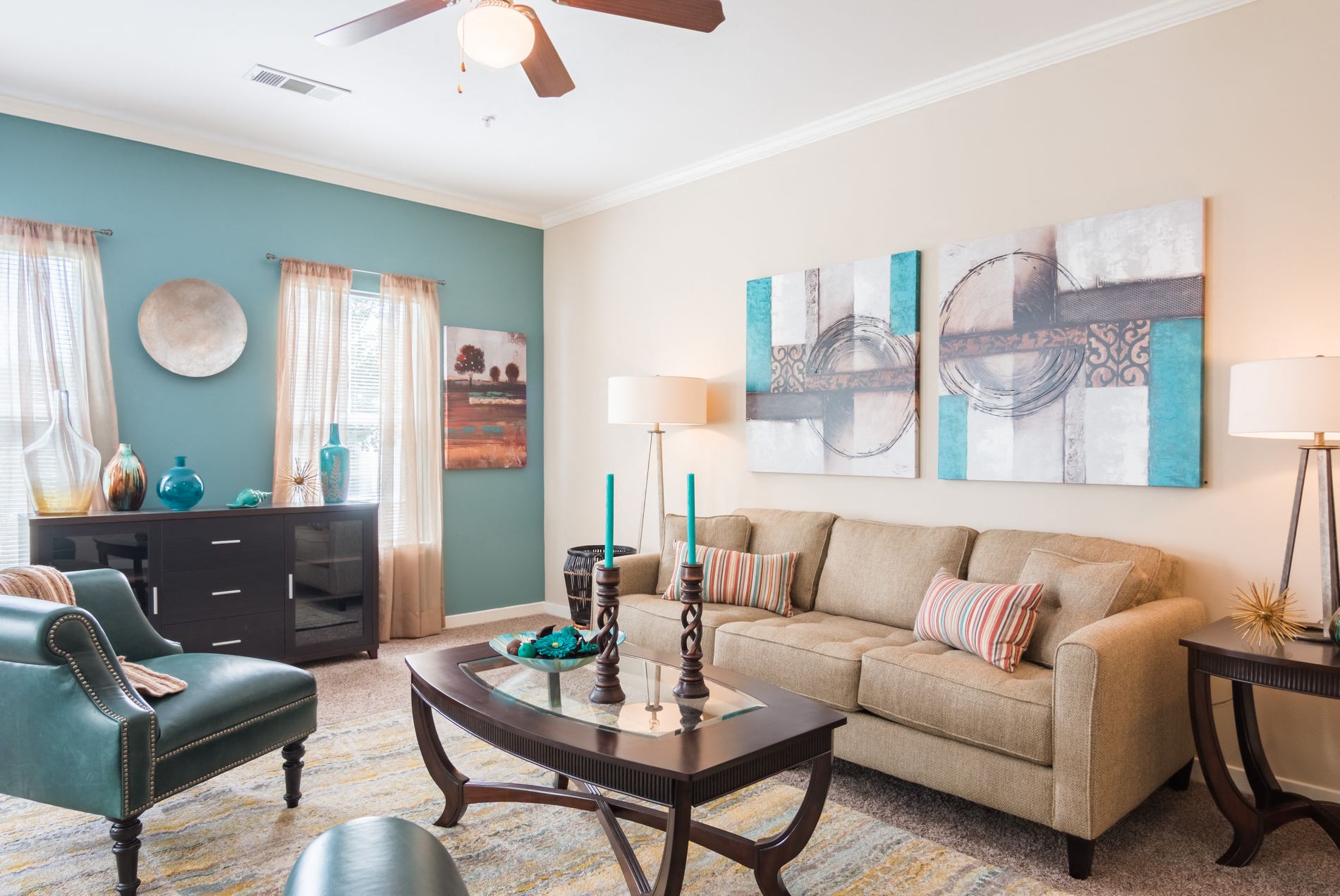 a living room with a couch and a table