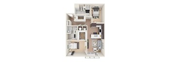 A top-down view of a small apartment layout with a kitchen, living room, and bathroom.