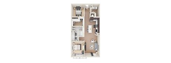 A floor plan of a small apartment with a kitchen, living room, and bathroom.