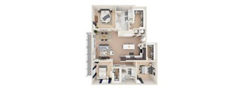 A 3D floor plan of a house showing a kitchen, living room, dining area, and bedrooms.