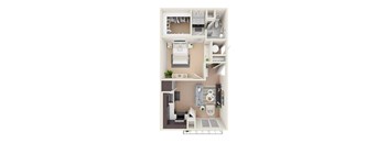 A top-down view of a small apartment with a kitchen, living room, and bathroom.