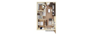 A 3D floor plan of a small apartment with a kitchen, living room, and bathroom.