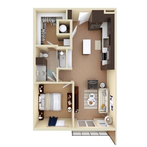 A 3D floor plan of a small apartment with a kitchen, living room, and bathroom.