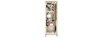 A 3D floor plan of a small apartment with a kitchen, living room, and bathroom.
