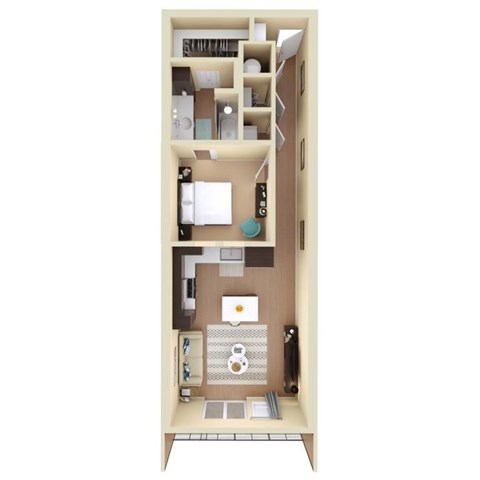 A 3D floor plan of a small apartment with a kitchen, living room, and bathroom.