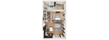 A top-down view of a small apartment with a kitchen, living room, and bedroom.
