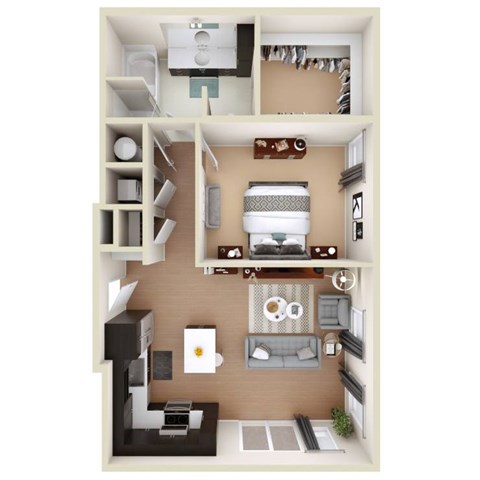 A top-down view of a small apartment with a kitchen, living room, and bedroom.