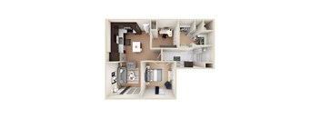 A 3D floor plan of a house showing the layout of the rooms.