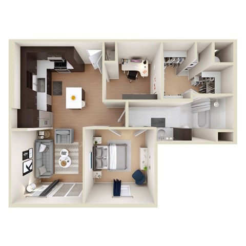 A 3D floor plan of a house showing the layout of the rooms.