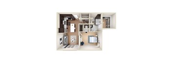 A 3D rendered image of a small apartment layout.