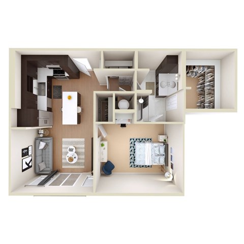 A 3D rendered image of a small apartment layout.