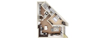 A 3D floor plan of a house showing a kitchen, living room, and two bedrooms.