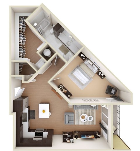 A 3D floor plan of a house showing a kitchen, living room, and two bedrooms.