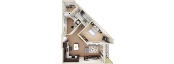 A 3D floor plan of a house showing a kitchen, living room, and two bedrooms.