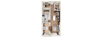 A 3D floor plan of a small apartment with a kitchen, living room, and bathroom.