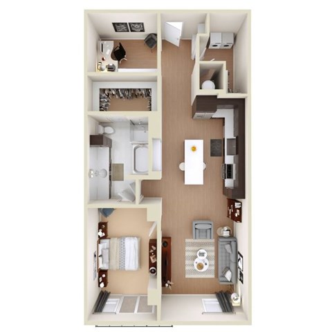 A 3D floor plan of a small apartment with a kitchen, living room, and bathroom.