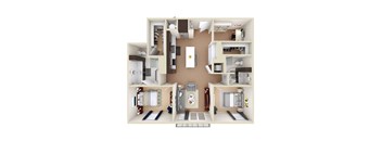 A 3D floor plan of a small apartment with a kitchen, living room, and bathroom.