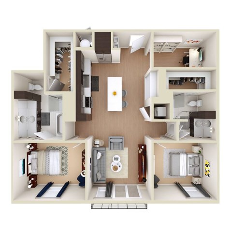 A 3D floor plan of a small apartment with a kitchen, living room, and bathroom.