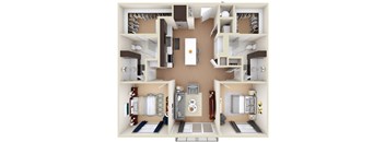 A 3D floor plan of a small apartment with a kitchen, living room, and two bedrooms.