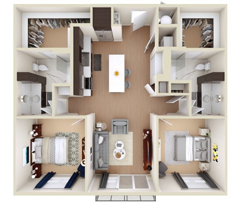 A 3D floor plan of a small apartment with a kitchen, living room, and two bedrooms.