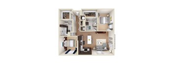 A 3D floor plan of a house with a living room, kitchen, and bathroom.