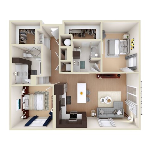A 3D floor plan of a house with a living room, kitchen, and bathroom.