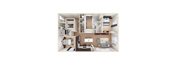 A 3D rendered image of a modern apartment layout.