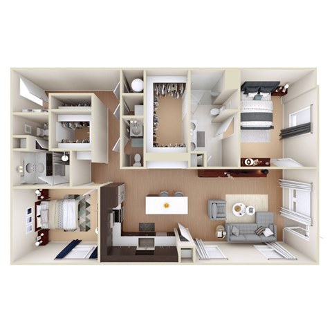 A 3D rendered image of a modern apartment layout.