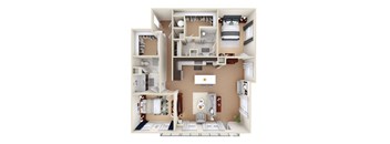 A 3D floor plan of a house showing a kitchen, living room, and bedrooms.