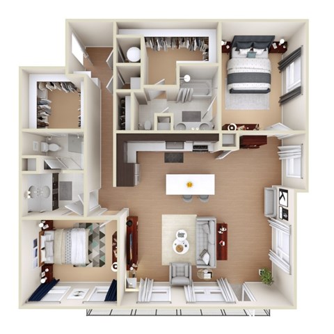 A 3D floor plan of a house showing a kitchen, living room, and bedrooms.
