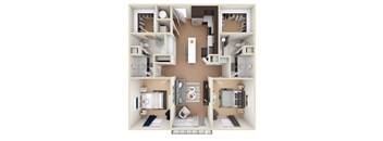 A 3D floor plan of a small apartment with a kitchen, living room, and bedroom.