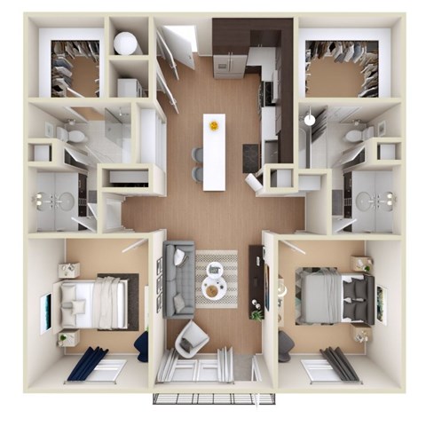 A 3D floor plan of a small apartment with a kitchen, living room, and bedroom.