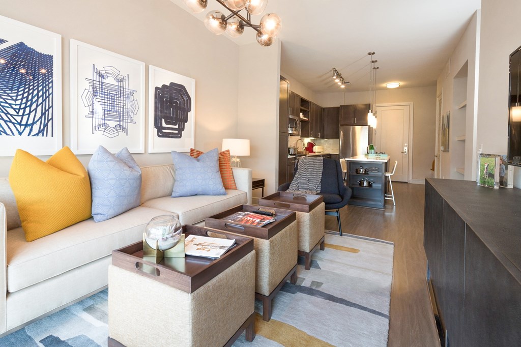 model living room with modern furnitures at Knox Heights in Dallas, TX